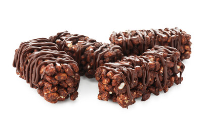 Delicious chocolate puffed rice bars isolated on white