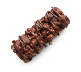 Delicious chocolate puffed rice bar isolated on white, top view