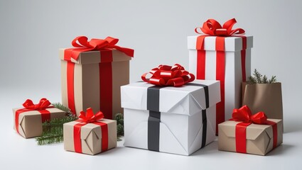 Festive collection of beautifully wrapped gift boxes with ribbons in various colors on a clean white background for packaging and decoration.
