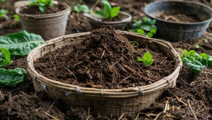Nutrient-rich compost tea manure in a basket, promoting sustainable farming and organic gardening in Artvin, Turkey. Ideal for soil enrichment.