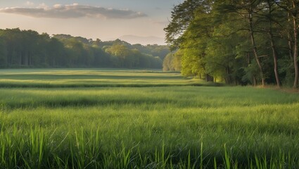 Fototapeta premium Lush Green Meadow Surrounded By Trees Under Soft Morning Light