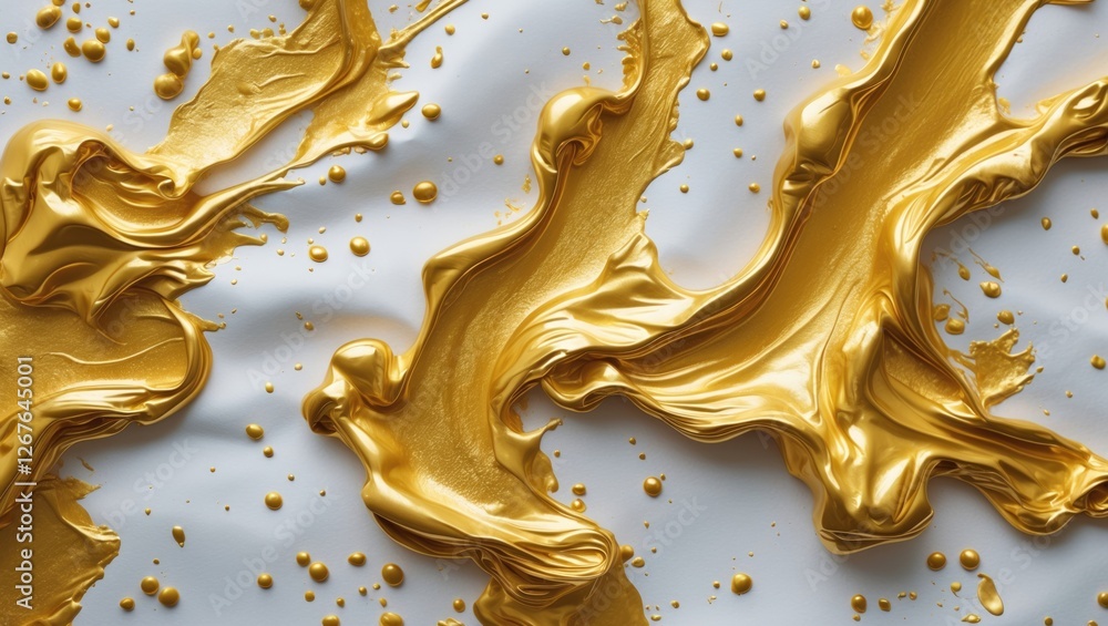 Aufkleber Luxurious gold acrylic paint texture artistically displayed on a smooth white paper background for creative design applications.