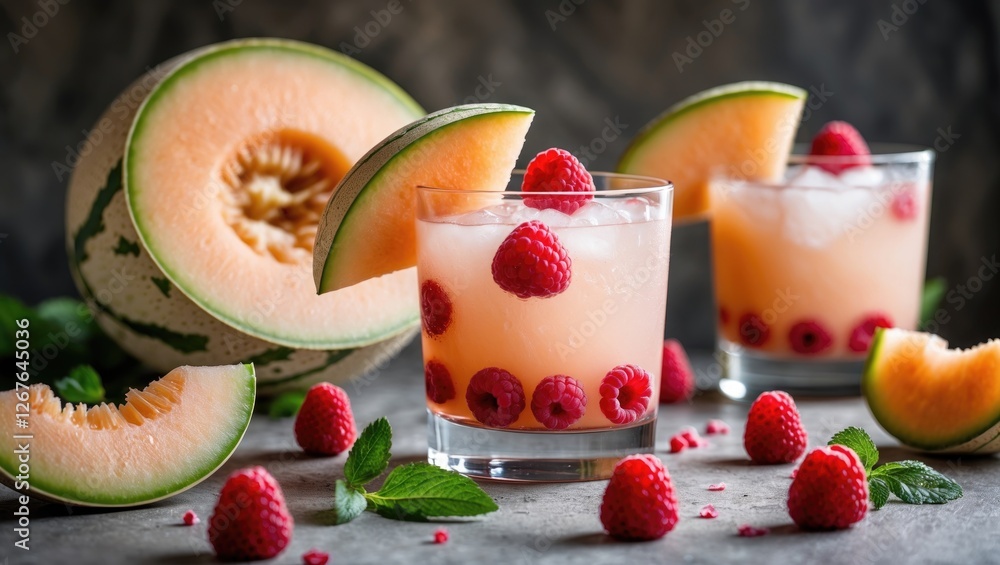Poster refreshing melon and raspberry cocktail with mint garnish on a stylish tabletop with copy space for 