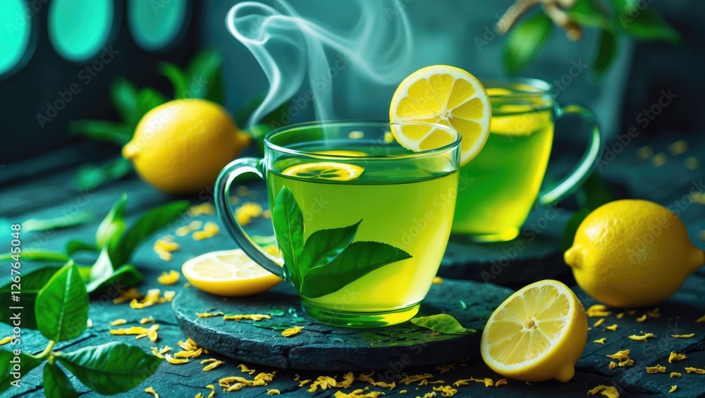 Poster refreshing green tea with lemon in glasses surrounded by fresh lemons and leaves with steam rising a
