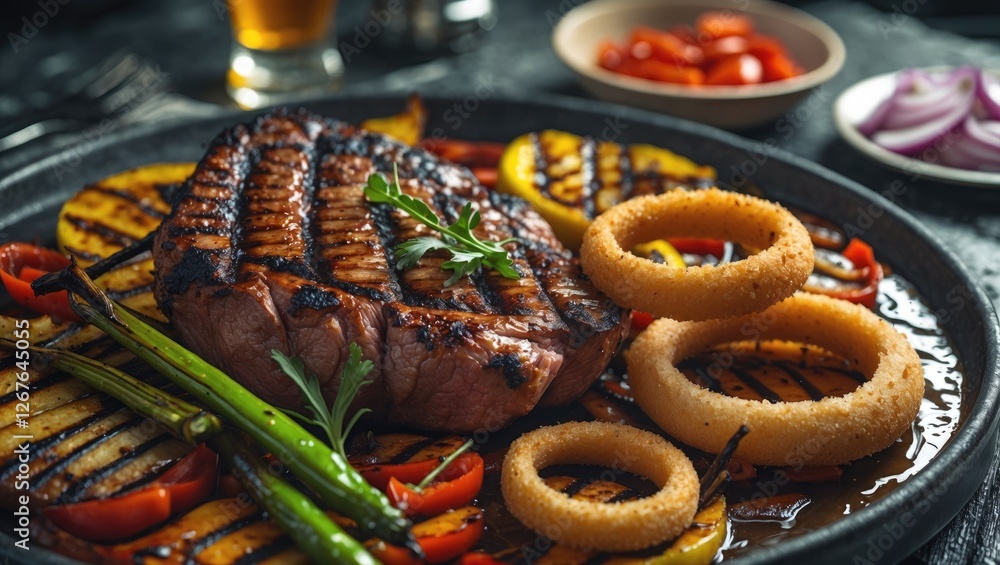 Poster delicious grilled meat platter with onions and seasonal vegetables on a dark table setting featuring