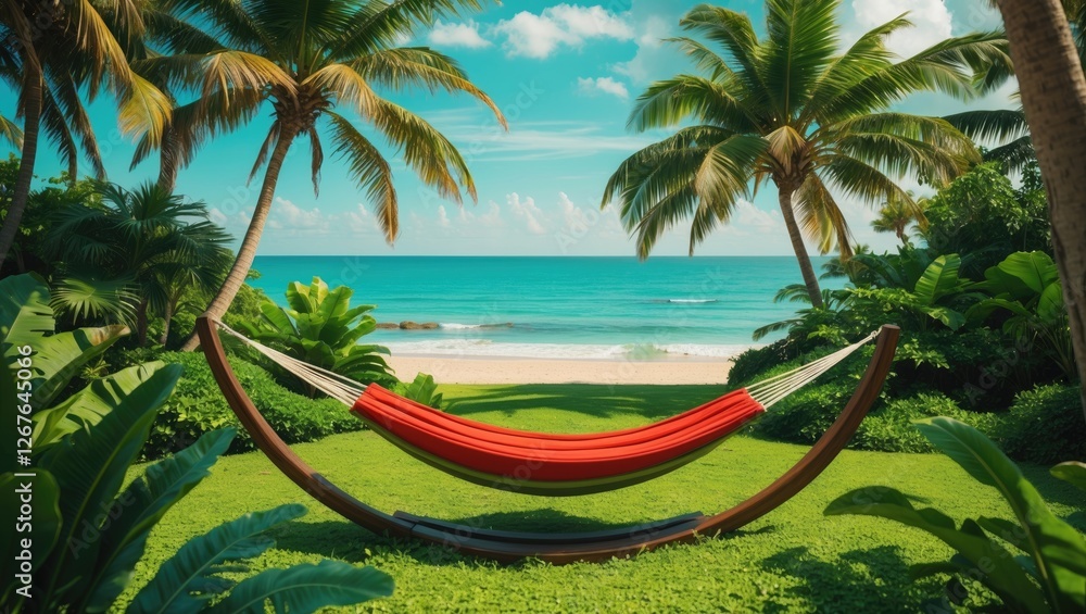 Aufkleber tropical paradise with an empty hammock surrounded by palm trees and vibrant greenery, overlooking a