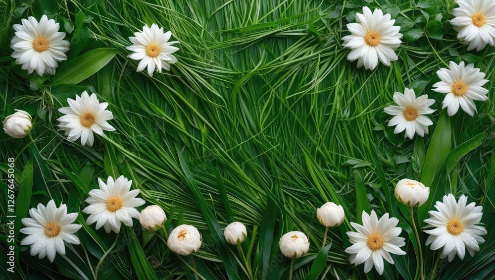 Poster Lush Green Grass Background With Vibrant White Flowers And Ample Copy Space For Text Overlays And Designs