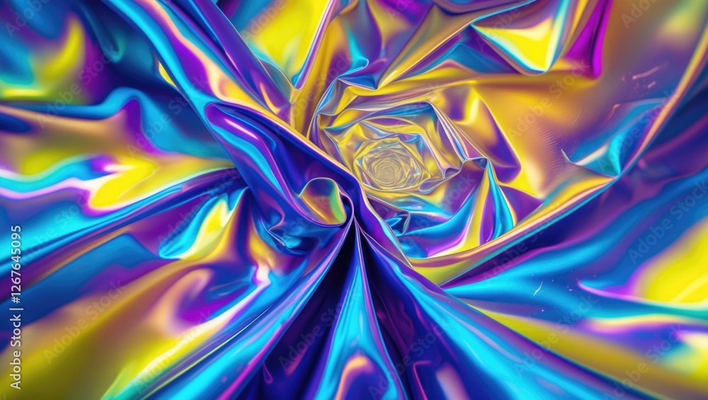 Fototapete Vibrant iridescent swirl of blue and yellow fluid fabric creating a dynamic and abstract visual for creative design and artistic concepts.