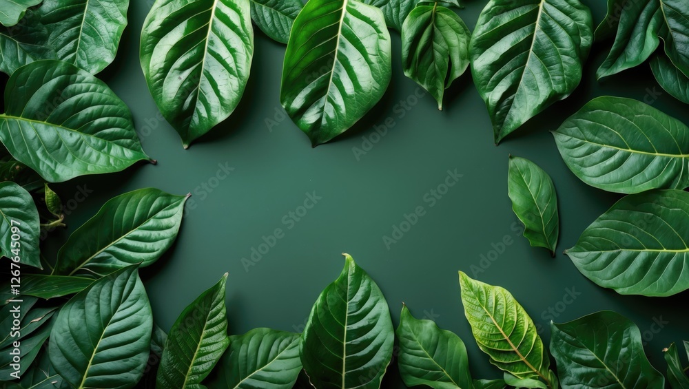 Poster Lush green leaves arranged on a dark background creating a natural and vibrant texture for backgrounds or design elements.