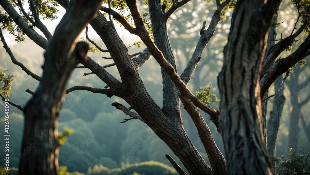 Poster intricate details of tree branches and trunks in soft morning light creating a serene and tranquil f