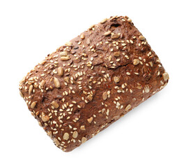 One freshly baked bread with seeds isolated on white, top view