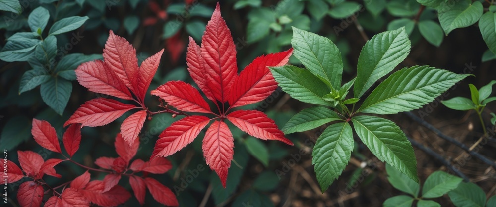 Poster vibrant red and green leaves in backyard setting with blank copy space for text or messaging