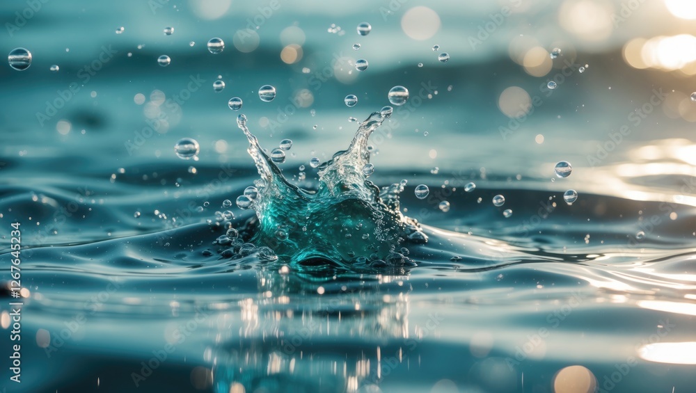Poster calm water surface texture with bubbles and splashes in sunlight creating a trendy abstract nature b