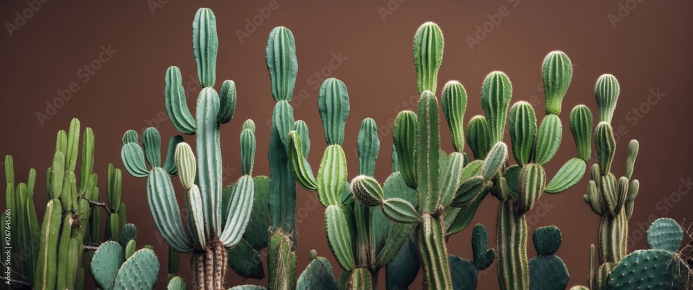 Poster lush green cactus variety against a brown background with space for text overlay in a minimalist nat