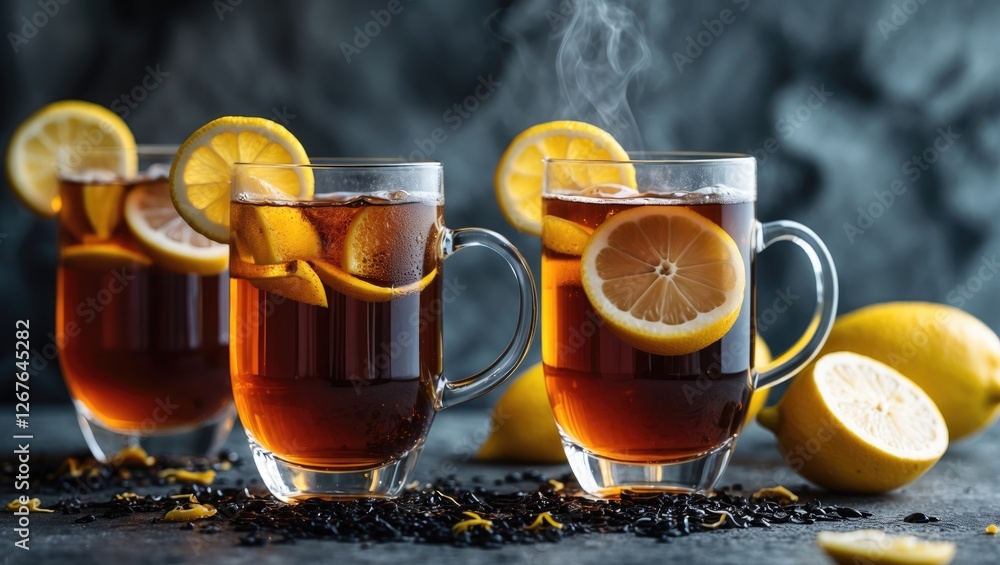 Poster refreshing cold black tea with lemon slices and citrus on dark background perfect for summer drinks 