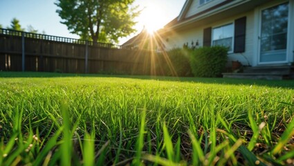 Sunlit Grass in Backyard with Lush Green Lawn and House on a Bright Day, Capturing Natural Beauty and Serenity of Outdoor Living Space