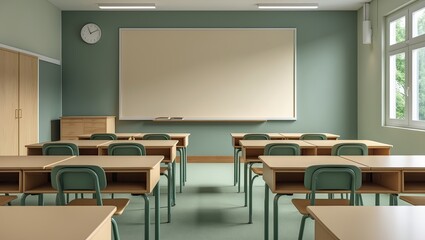 Empty classroom with light green walls, wooden desks arranged neatly, and large windows letting in natural light