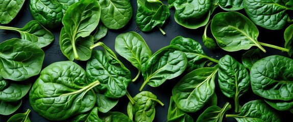 Fototapeta premium Freshly Harvested Green Spinach Leaves on Dark Background with Text Space for Healthy Recipe or Nutrition Message