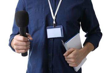 Journalist with microphone and notebook on white background, closeup