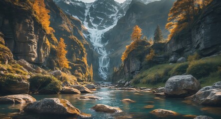 Majestic Waterfall in Autumn Landscape with Tranquil River and Rocky Shoreline Ideal for Inspirational or Nature-Themed Text Overlays