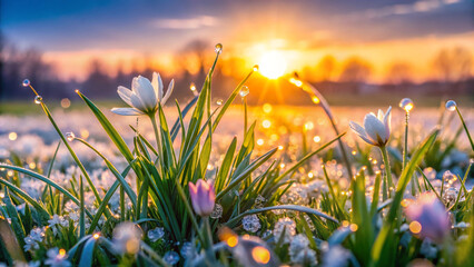 A breathtaking spring scene featuring blooming flowers adorned with morning dew, illuminated by the warm glow of the sunrise. Perfect for capturing the essence of nature's renewal and beauty.
