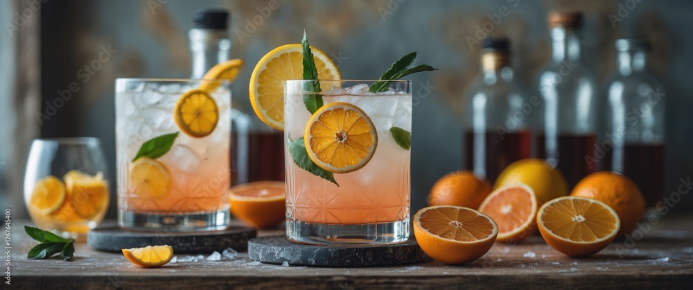 Poster refreshing citrus cocktails with garnish and fresh fruits on rustic table with empty space for text 