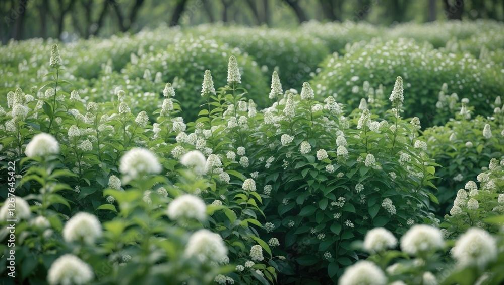 Poster lush green thickets covered in white flowers with ample copy space for text and creative design appl