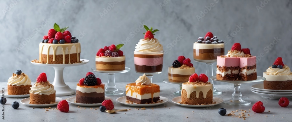 Aufkleber delicious assorted desserts displayed on plates and stands with copy space for text in a bright kitc