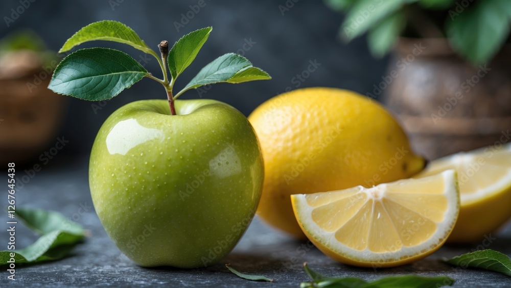 Poster fresh green apple and bright yellow lemon on table with slices and leaves perfect for text overlay o