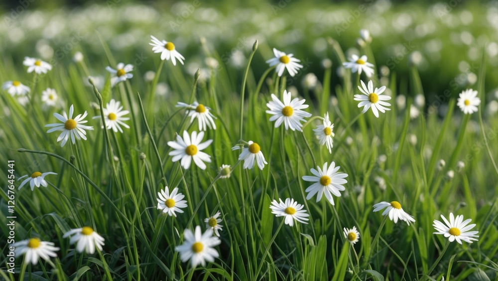 Poster chamomile flowers blooming in lush green grass on a summer meadow with gentle breeze creating a sere