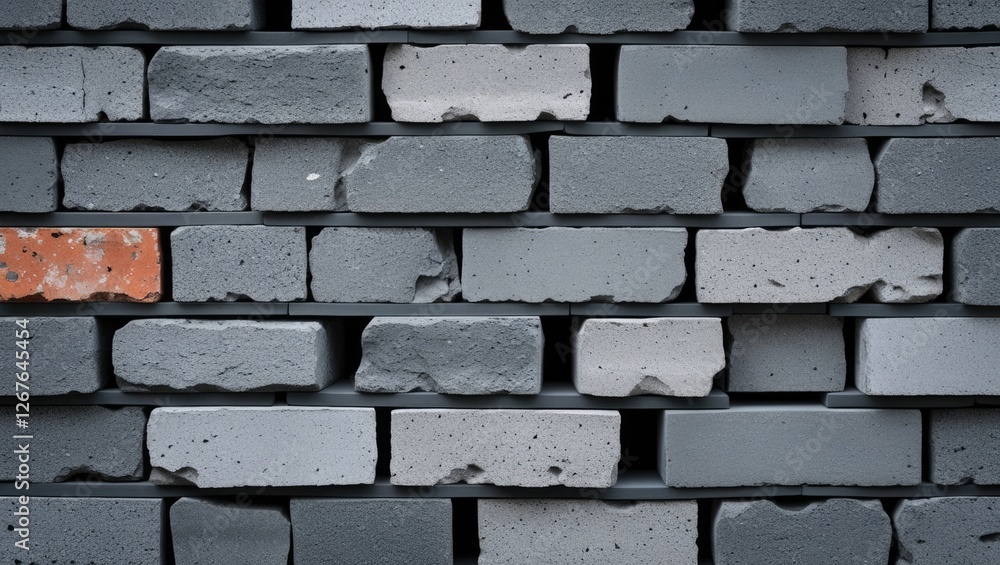 Fototapete Varied gray bricks arranged in a geometric pattern showcasing different textures and sizes with a hint of orange for contrast