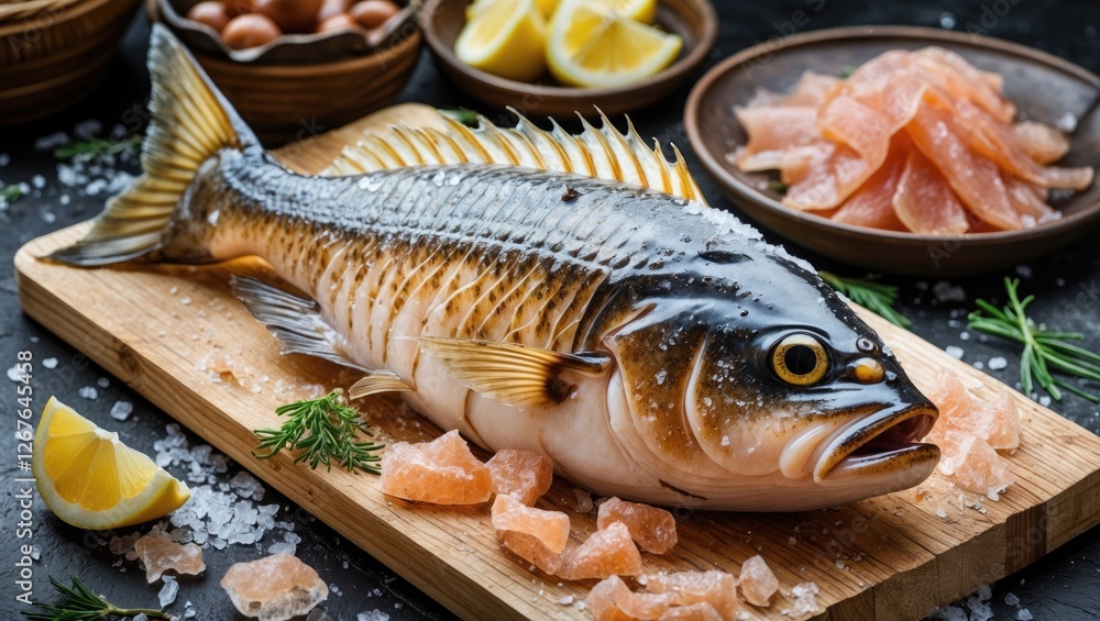 Poster dry salted cod fish on wooden board with lemon and salt ready for culinary use and with space for te