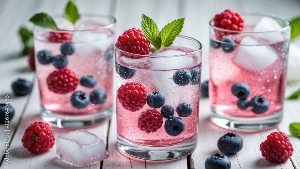 Poster refreshing sparkling water with berries and ice on a rustic wooden table healthy drink concept with 