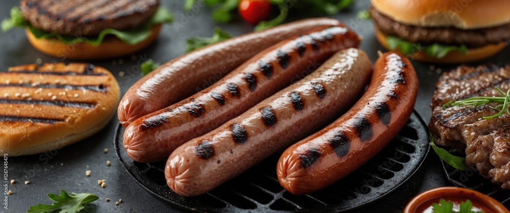 Poster grilled sausages and beef burgers on a grill with fresh ingredients and empty space for text in a da