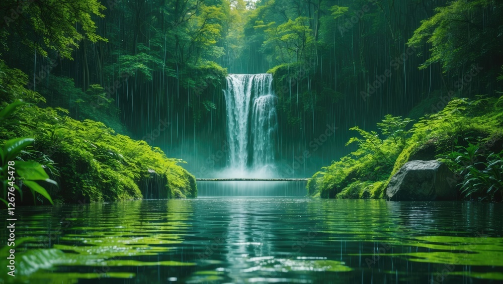 Aufkleber lush green forest with cascading waterfall in rainy season featuring tranquil reflections and empty 