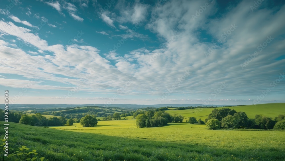 Aufkleber lush green fields under a dramatic sky with cloud formation and expansive horizon ideal for nature t
