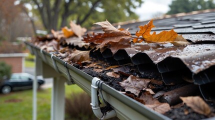 Clogged rain gutters filled with dried leaves and debris in need of urgent cleaning to prevent water damage to the roof and home.