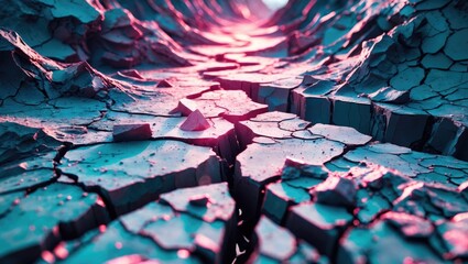 Abstract crack patterns on the earth's surface illuminated by vibrant lighting showcasing geological textures and earth formation details.