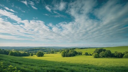 Obraz premium Lush Green Fields Under a Dramatic Sky with Cloud Formation and Expansive Horizon Ideal for Nature Themes and Text Placement