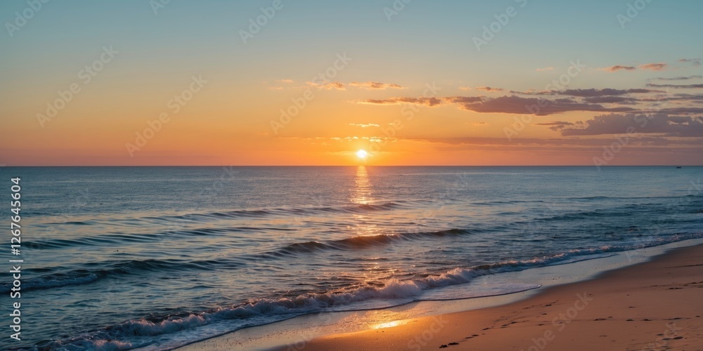 Poster tranquil coastal sunset over calm ocean with soft waves and clear sky ideal for text overlay and bea
