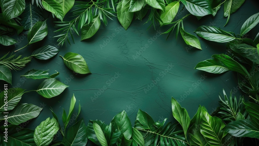 Poster lush green leaves texture background with variety of foliage on deep green surface ideal for natural