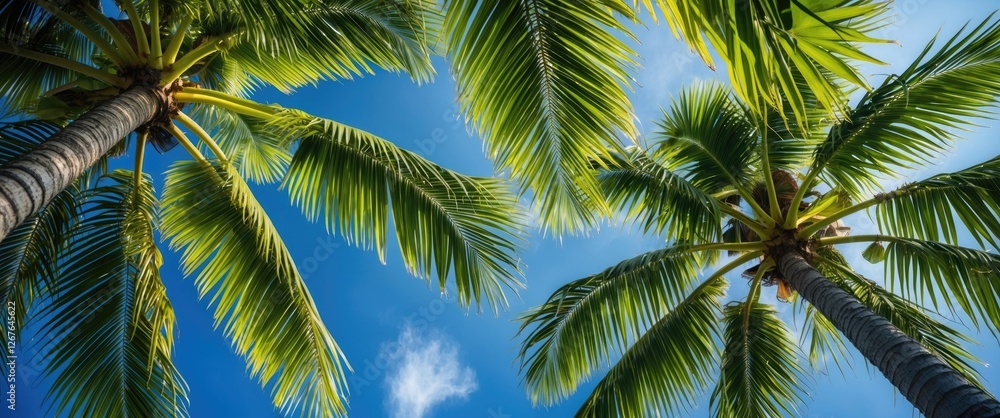 Poster lush green palm tree canopy under clear blue sky with soft clouds wishes for tropical vibes and rela