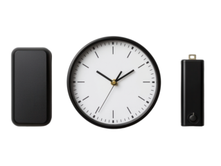 Minimalist clock and battery design studio setting product transparent background modern aesthetic