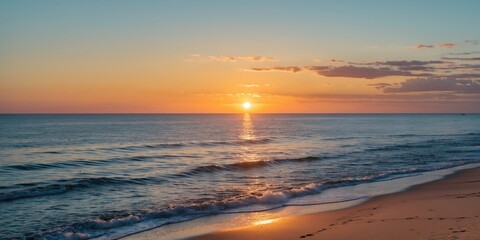 Tranquil Coastal Sunset over Calm Ocean with Soft Waves and Clear Sky Ideal for Text Overlay and Beach Memories
