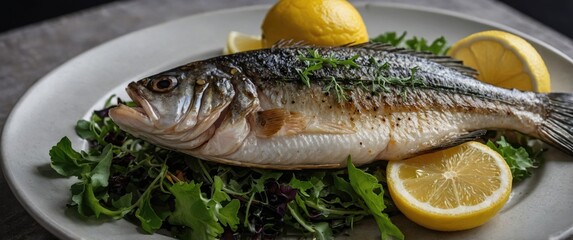 Grilled Sea Bass with Fresh Greens and Lemon Slices Gourmet Presentation Close-up Ideal for Culinary Promotions and Recipe Highlights