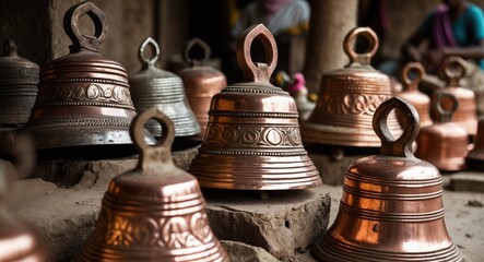 Copper Bells Displayed for Sale in Nirona Village Kutch Gujarat Traditional Artisanal Craftsmanship Showcase