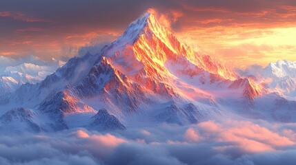 Fiery Mountain Peak Sunrise Above Clouds