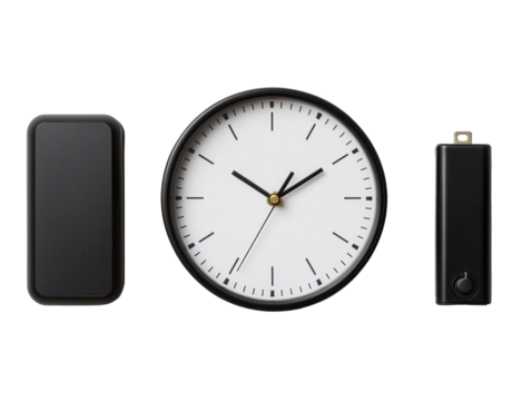 Minimalist clock and battery design studio setting product transparent background modern aesthetic