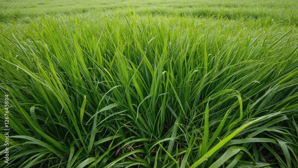 Poster lush green grass field texture with ample copy space for text overlay in natural outdoor setting