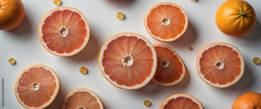 Poster Fresh Grapefruit Slices and Oranges on White Background Capturing Vibrant Colors and Textures in a High Quality Photographic Composition